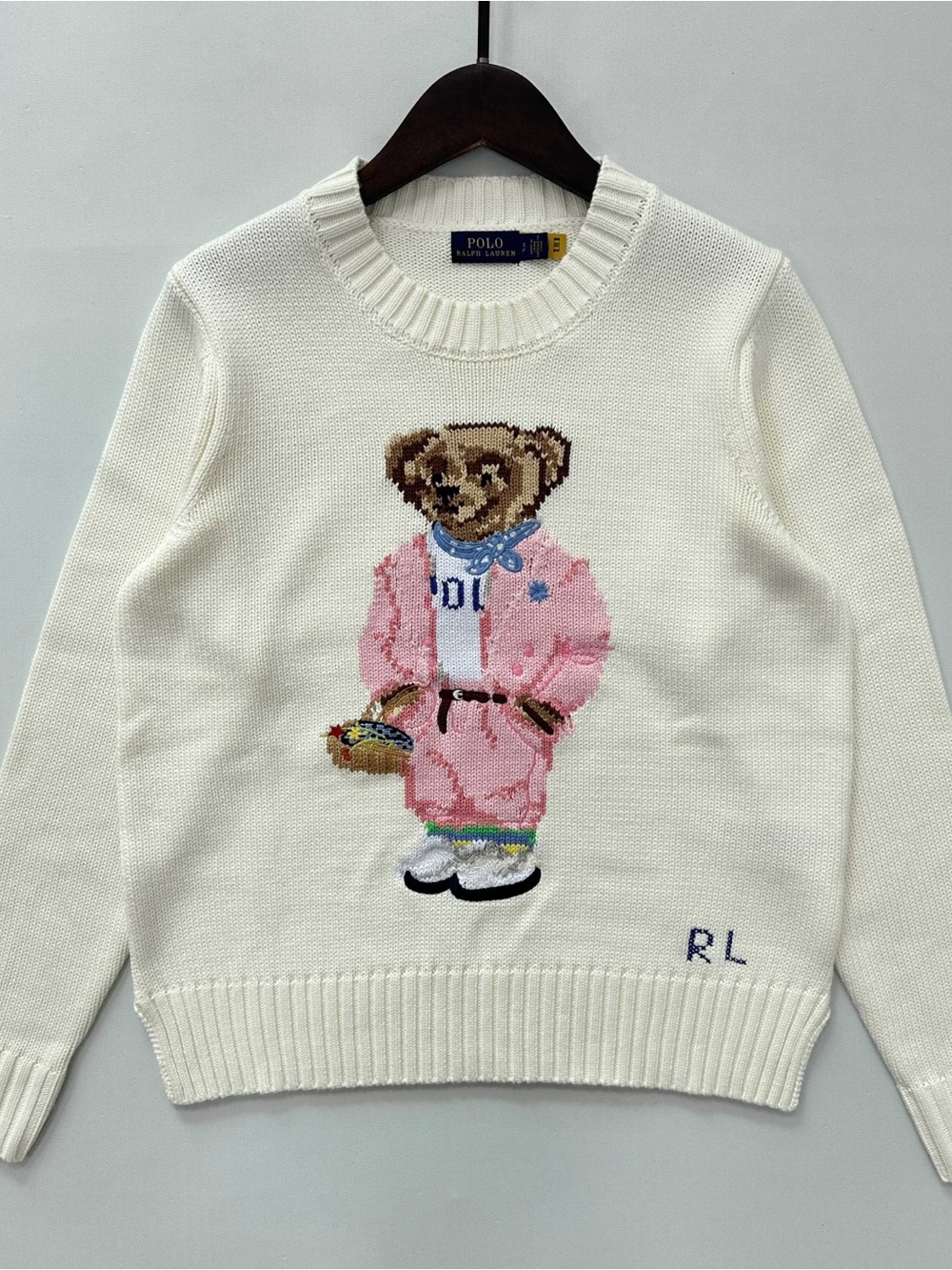 Polo by Ralph Lauren Cream Crewneck Sweater with Pink Bear Intarsia